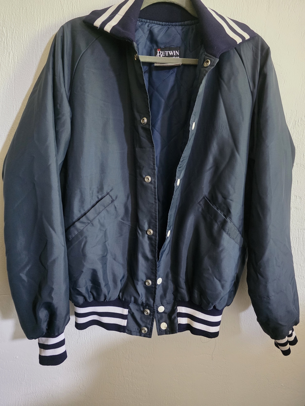Vtg 1980s Butwin Satin Bomber Coach Jacket Navy Striped Trim Men's S USA Made